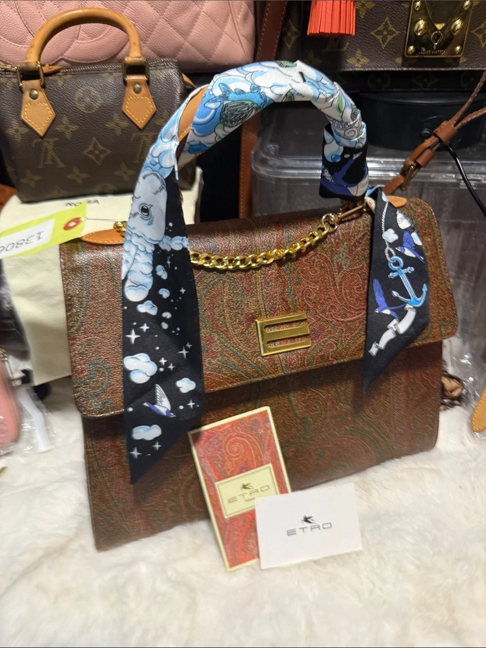 Etro Milano -Textured Brown Satchel with Scarf-Wrapped Handle and Gold Chain